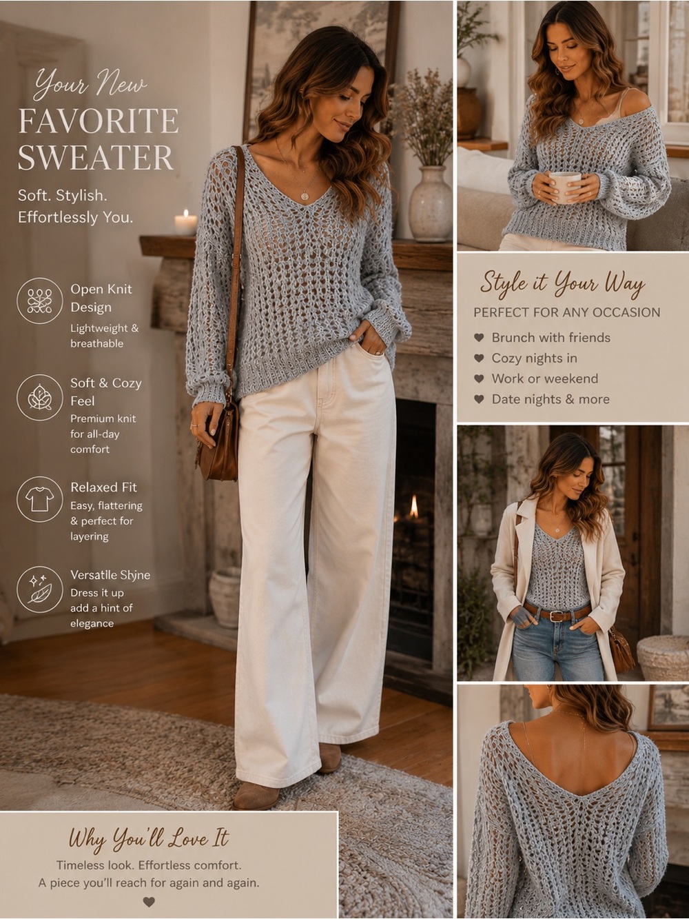 White House Black Market Open Knit V-Neck Sweater in Light Gray